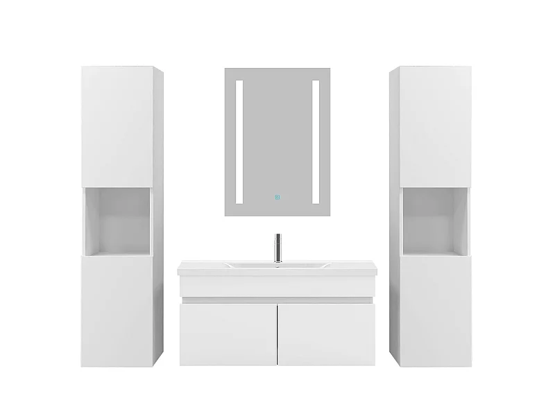 Ensemble muebles Salle De Bain 80cm simple vasque + colonne + miroir LED Blanc 5pcs - Aica