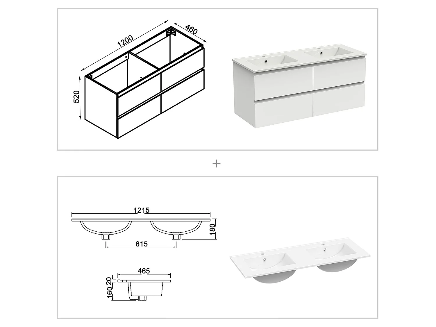 Ensemble muebles salle de bain 120cm double vasque + miroir Blanc - Aica
