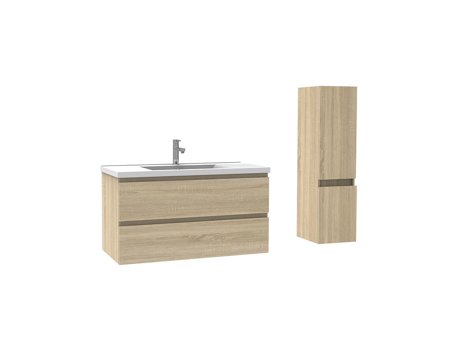 Ensemble muebles Salle De Bain 100cm Chêne Wotan meuble avec colonne vasque ceramique - Aica