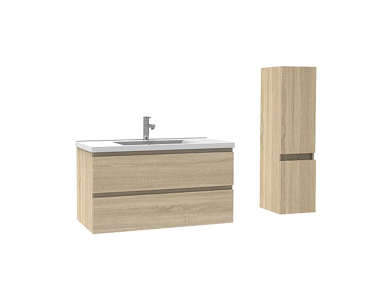 Ensemble muebles Salle De Bain 100cm Chêne Wotan meuble avec colonne vasque ceramique - Aica