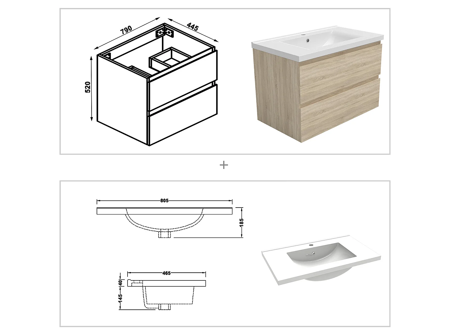 Ensemble muebles Salle De Bain 80cm Chêne Wotan meuble avec colonne vasque ceramique - Aica