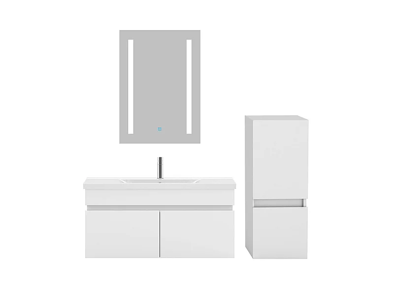 Ensemble muebles Salle De Bain 80cm vasque et colonne et miroir LED Blanc - Aica