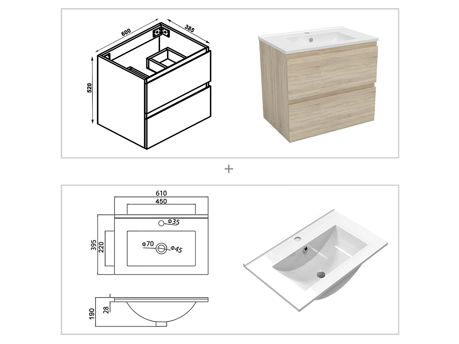 Ensemble muebles Salle De Bain 60cm Chêne Wotan meuble avec colonne vasque ceramique - Aica