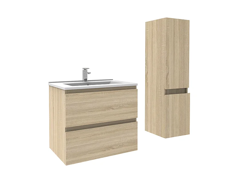 Ensemble muebles Salle De Bain 60cm Chêne Wotan meuble avec colonne vasque ceramique - Aica