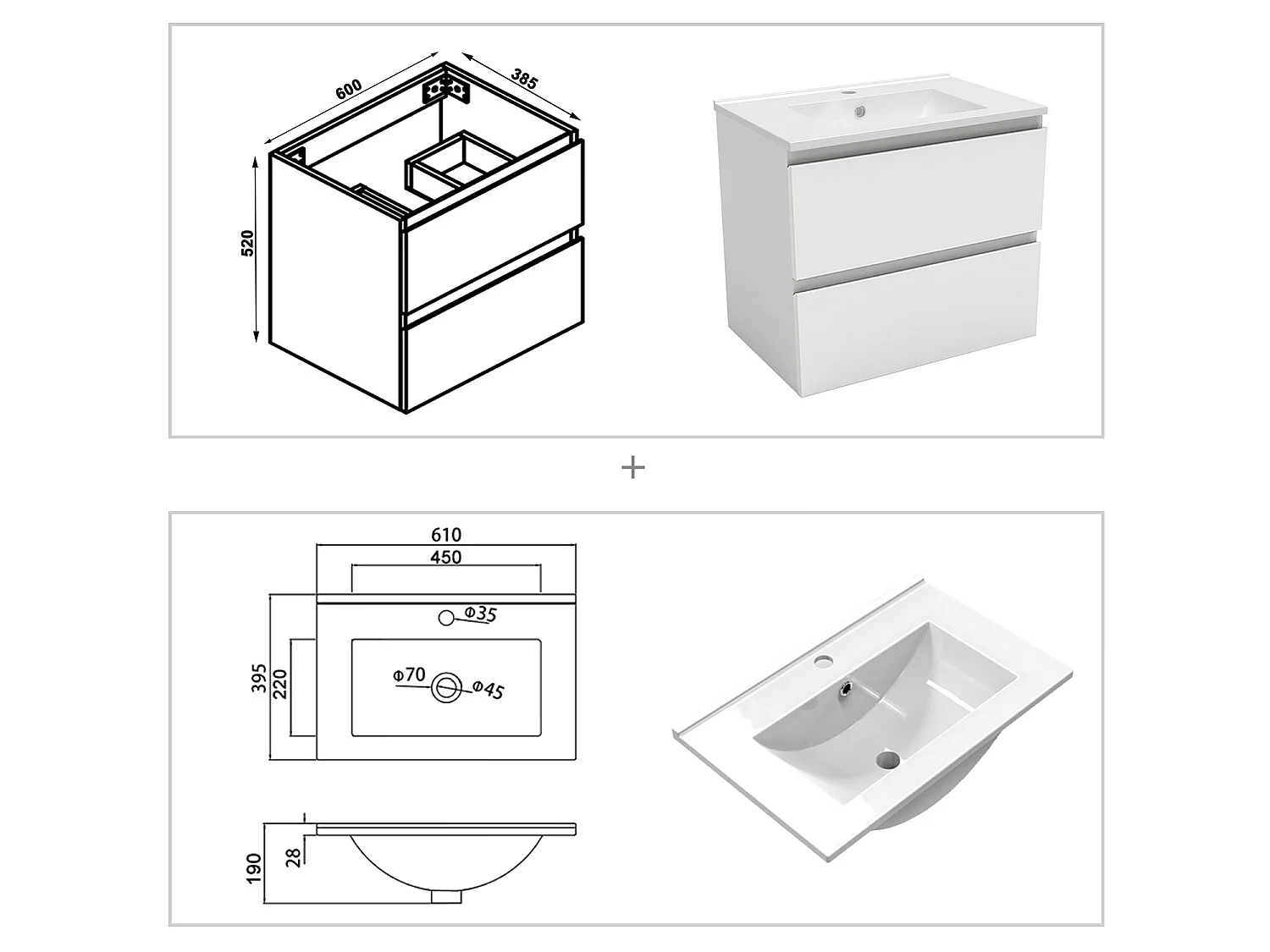 Ensemble muebles Salle De Bain 60cm Blanc meuble avec colonne vasque ceramique - Aica