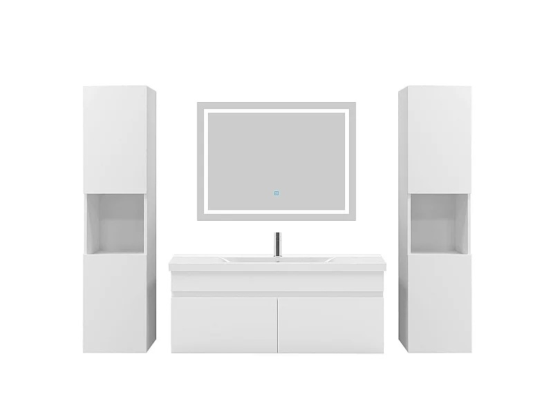 Ensemble muebles Salle De Bain 100cm simple vasque + colonne + miroir LED Blanc 5pcs - Aica