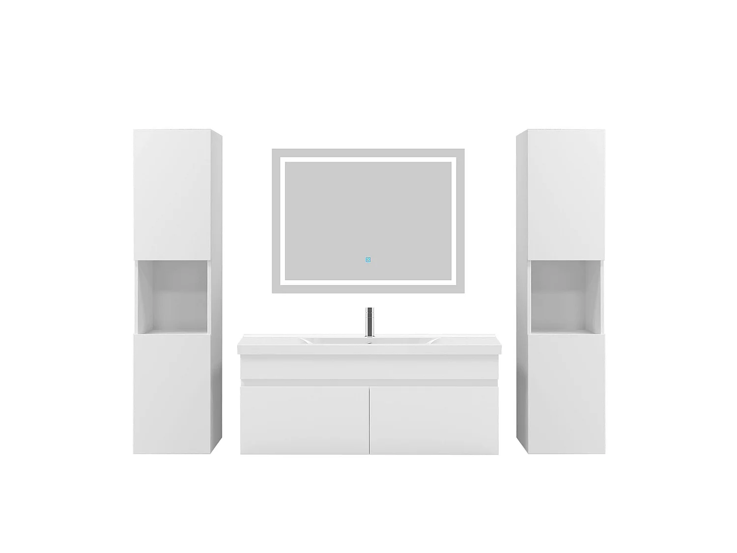 Ensemble muebles Salle De Bain 100cm simple vasque + colonne + miroir LED Blanc 5pcs - Aica
