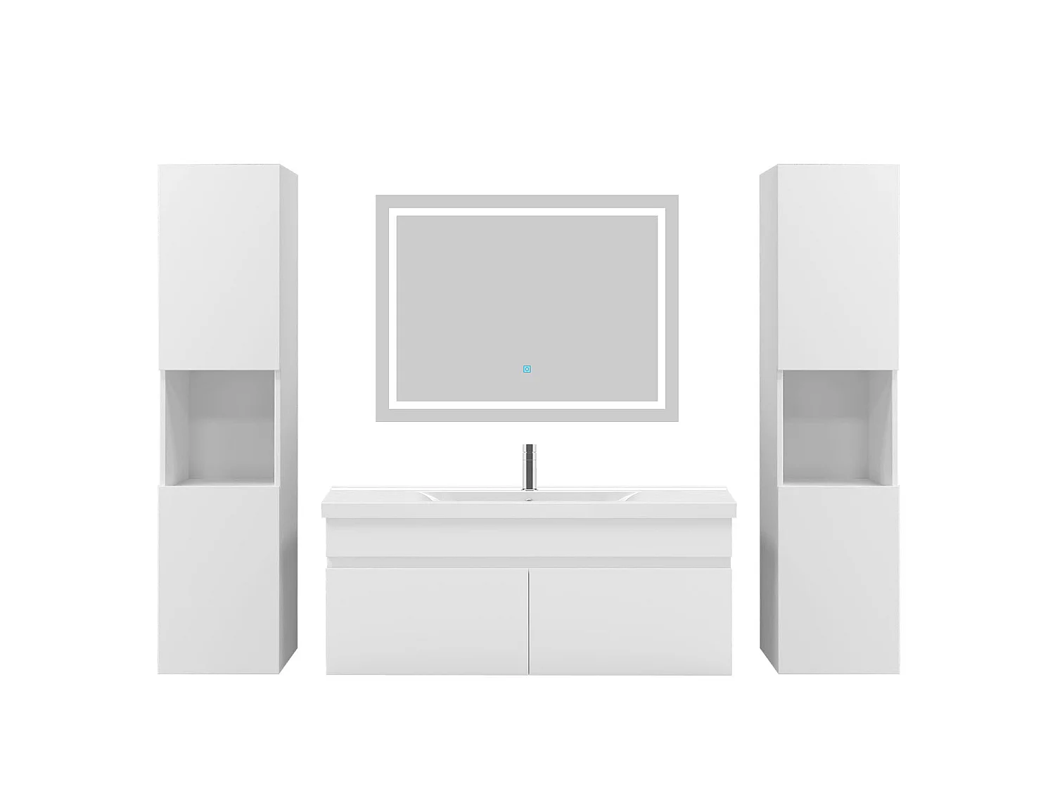 Ensemble muebles Salle De Bain 100cm simple vasque + colonne + miroir LED Blanc 5pcs - Aica