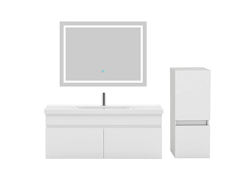 Ensemble muebles Salle De Bain 100cm vasque et colonne et miroir LED Blanc - Aica