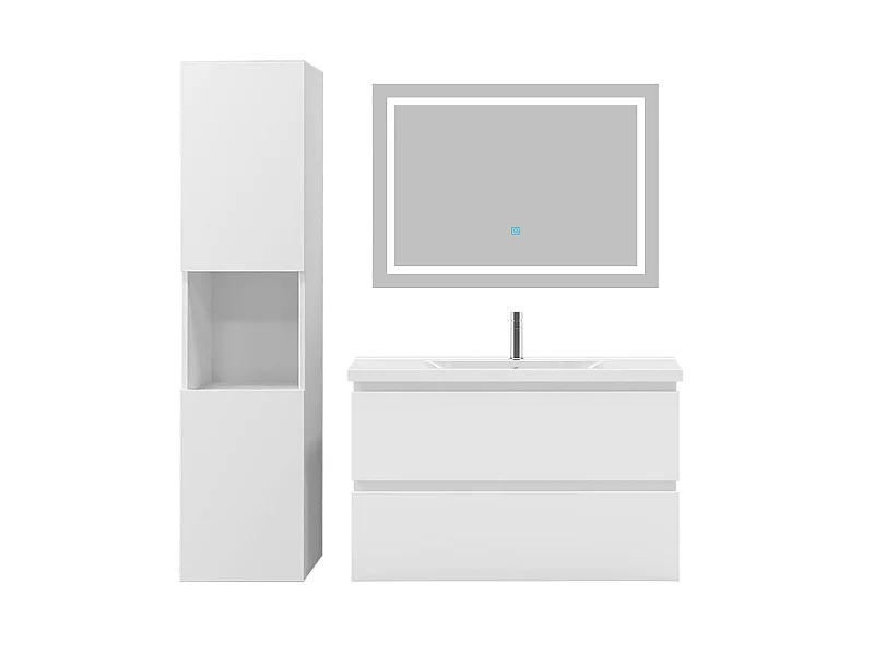 Ensemble muebles Salle De Bain 80cm vasque + colonne + miroir Blanc - Aica