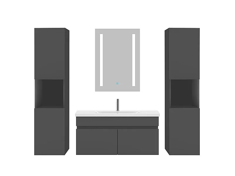 Ensemble muebles Salle De Bain 80cm simple vasque + colonne + miroir LED Anthracite 5pcs - Aica