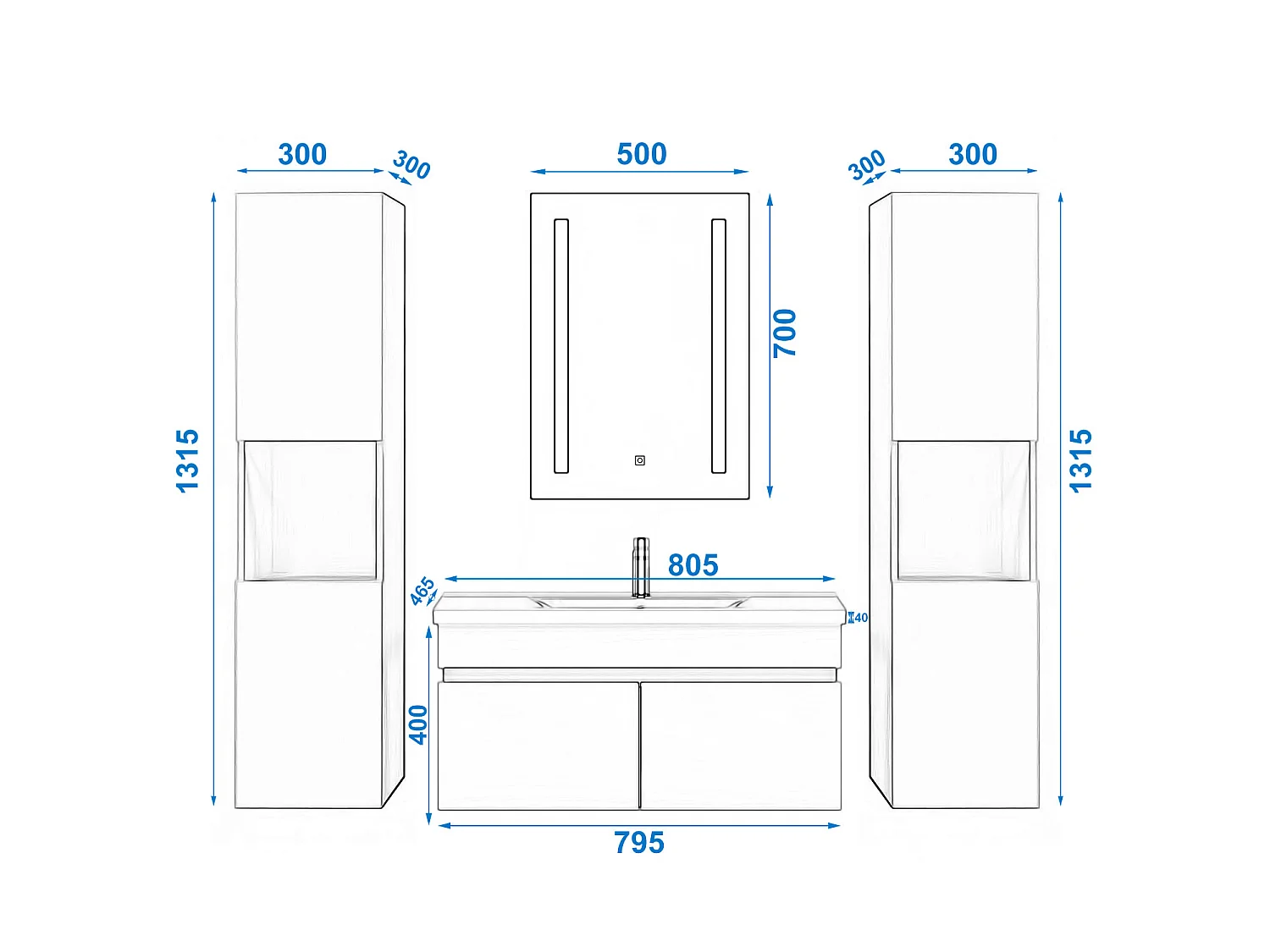 Ensemble muebles Salle De Bain 80cm simple vasque + colonne + miroir LED Anthracite 5pcs - Aica