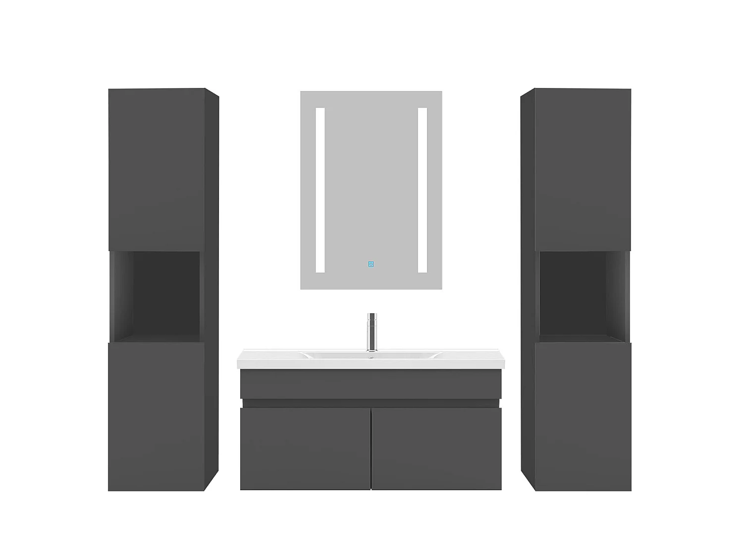 Ensemble muebles Salle De Bain 80cm simple vasque + colonne + miroir LED Anthracite 5pcs - Aica