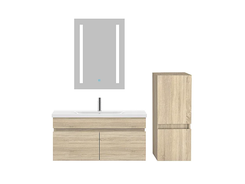 Ensemble muebles Salle De Bain 80cm vasque et colonne et miroir LED Chêne Wotan - Aica