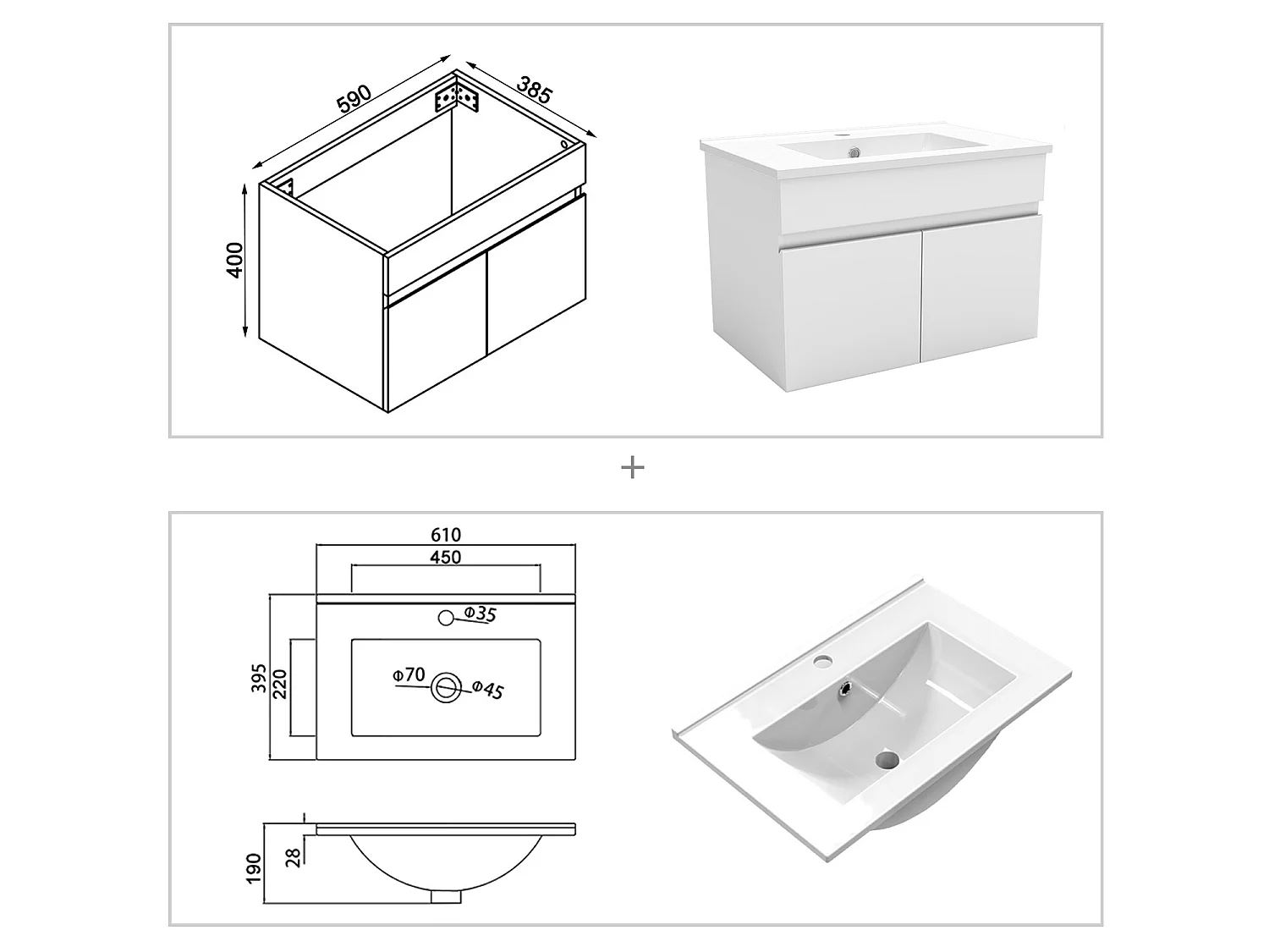 Ensemble muebles Salle De Bain 60cm vasque + colonnex2 + miroir LED Blanc - Aica