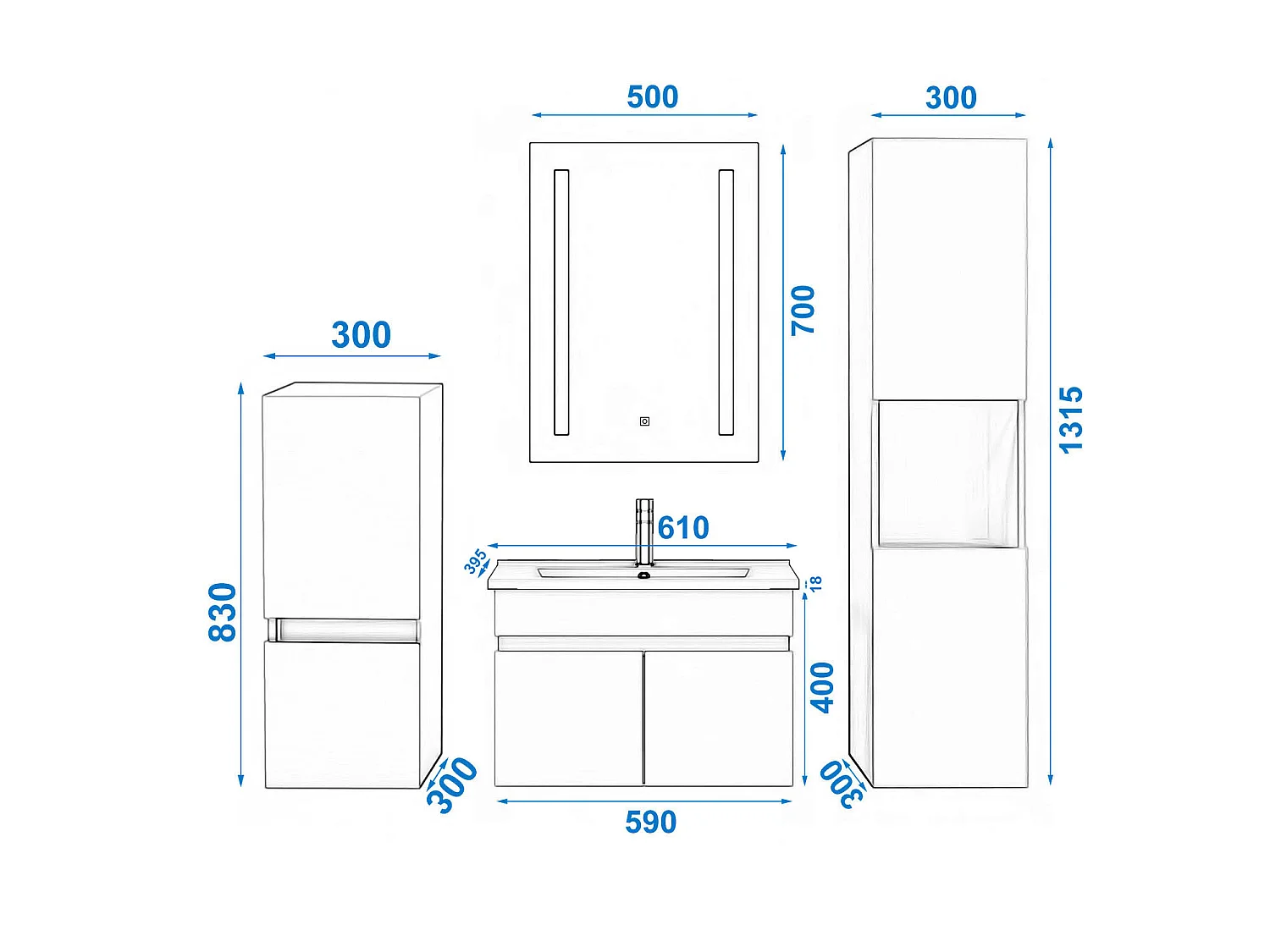 Ensemble muebles Salle De Bain 60cm vasque + colonnex2 + miroir LED Blanc - Aica