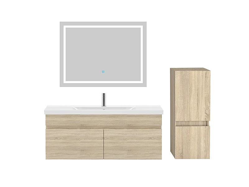 Ensemble muebles Salle De Bain 100cm vasque et colonne et miroir LED Chêne Wotan - Aica