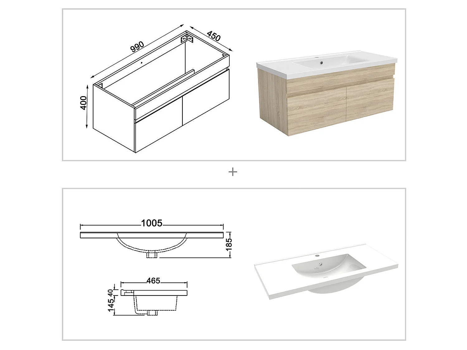 Ensemble muebles Salle De Bain 100cm vasque et colonne et miroir LED Chêne Wotan - Aica