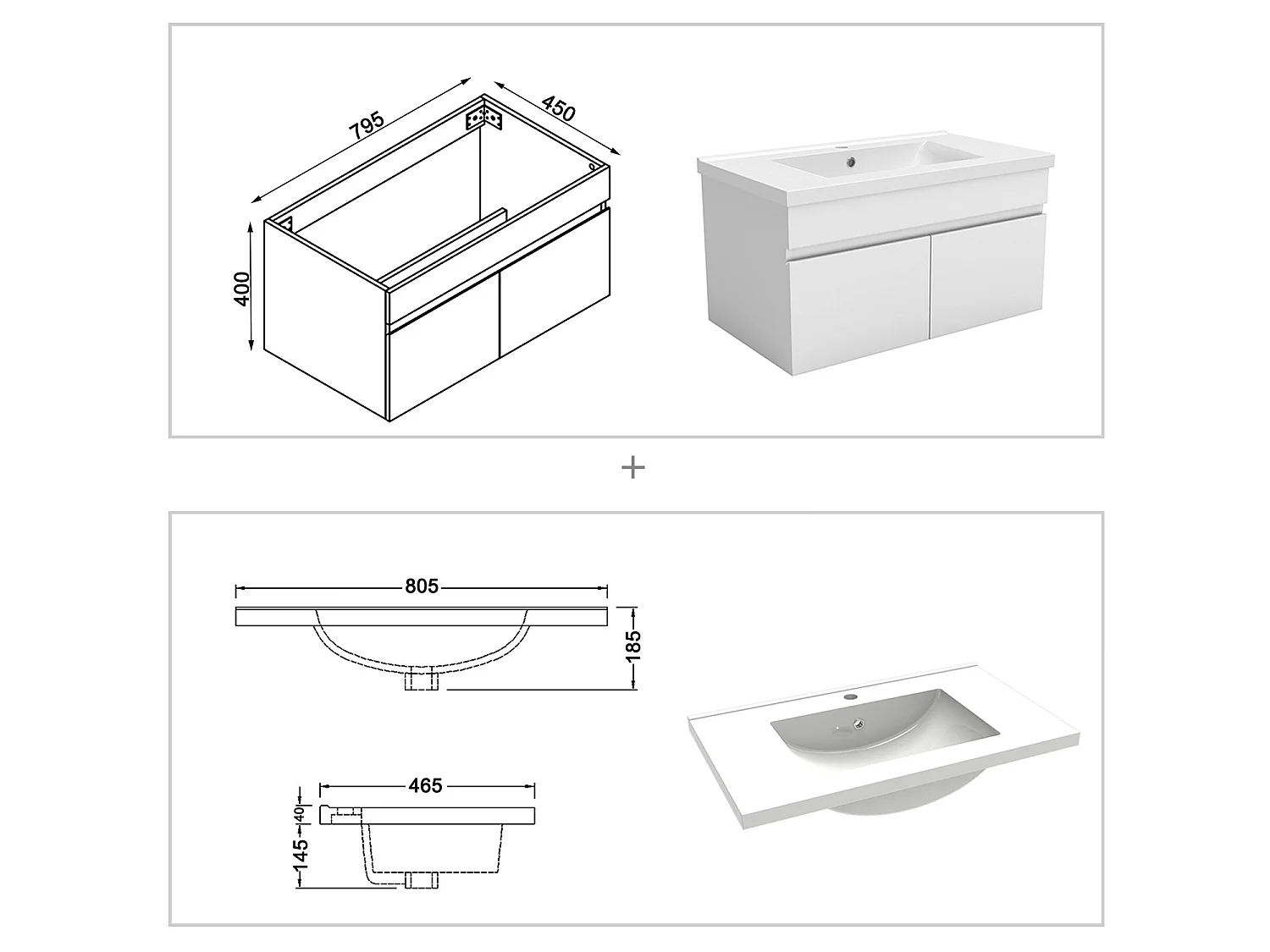 Ensemble muebles Salle De Bain 80cm vasque + colonnex2 + miroir LED Blanc - Aica