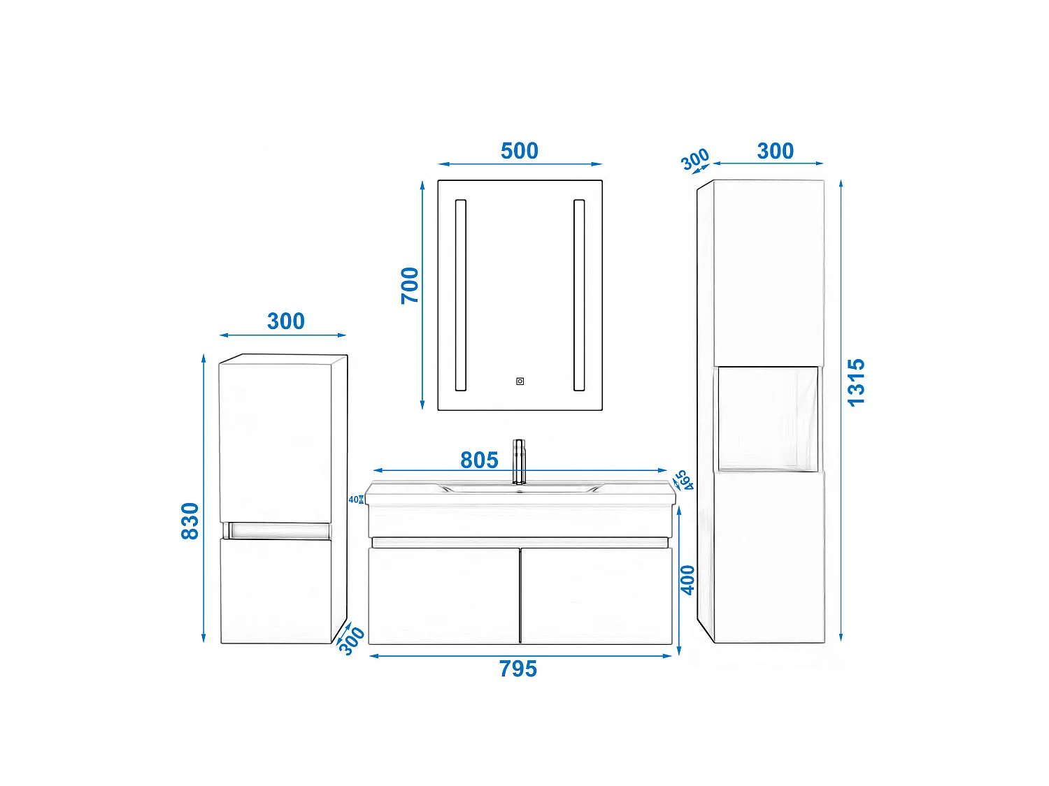 Ensemble muebles Salle De Bain 80cm vasque + colonnex2 + miroir LED Blanc - Aica