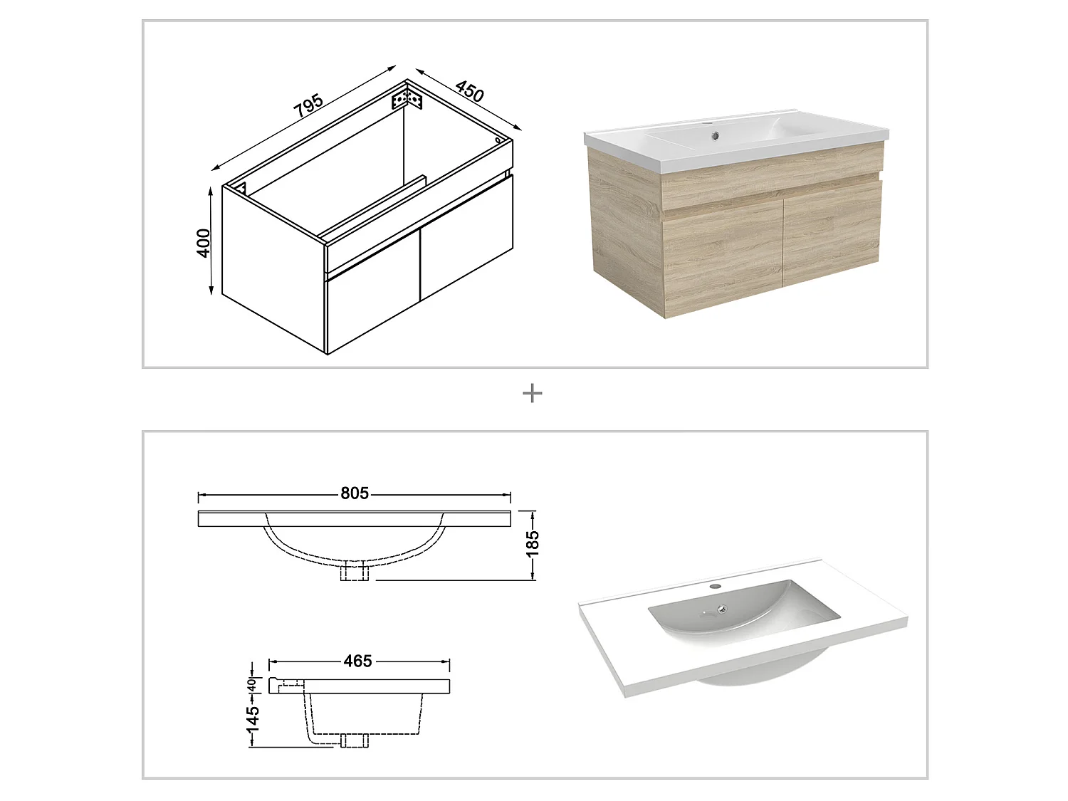 Ensemble muebles salle de bain 80cm simple vasque Chêne Wotan meuble acve miroir - Aica