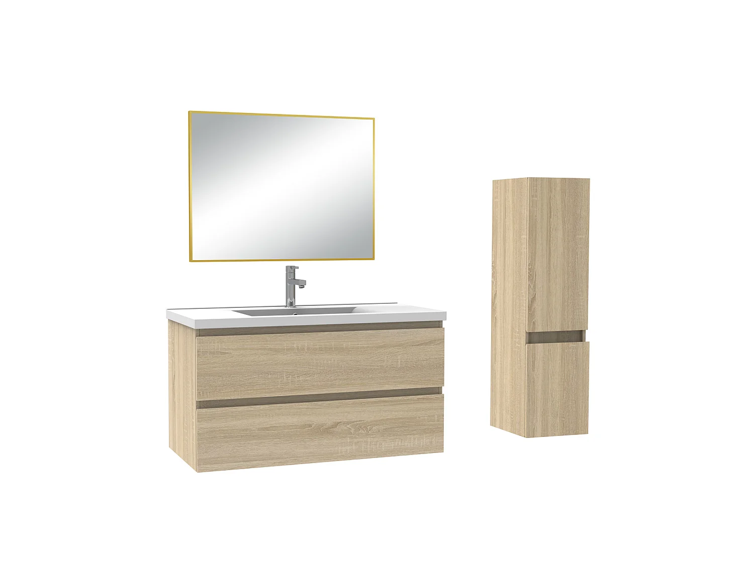 Ensemble muebles salle de bain simple vasque 100cm Chêne Wotan meuble acve miroir - Aica