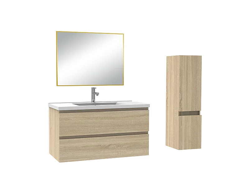 Ensemble muebles salle de bain simple vasque 100cm Chêne Wotan meuble acve miroir - Aica