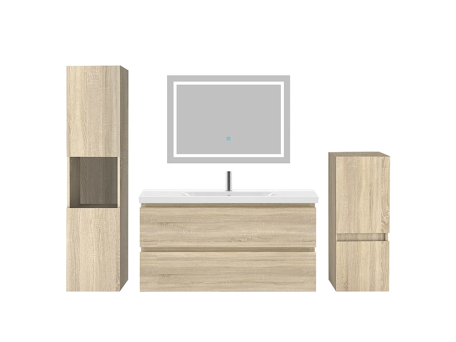 Ensemble muebles Salle De Bain 100cm vasque + colonnex2 + miroir LED Chêne Wotan 5pcs - Aica