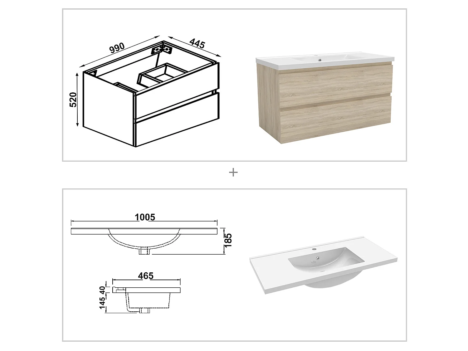 Ensemble muebles Salle De Bain 100cm vasque + colonnex2 + miroir LED Chêne Wotan 5pcs - Aica