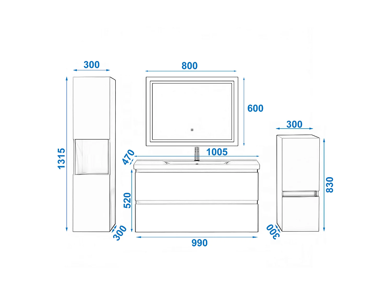 Ensemble muebles Salle De Bain 100cm vasque + colonnex2 + miroir LED Chêne Wotan 5pcs - Aica