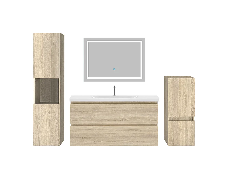 Ensemble muebles Salle De Bain 100cm vasque + colonnex2 + miroir LED Chêne Wotan 5pcs - Aica