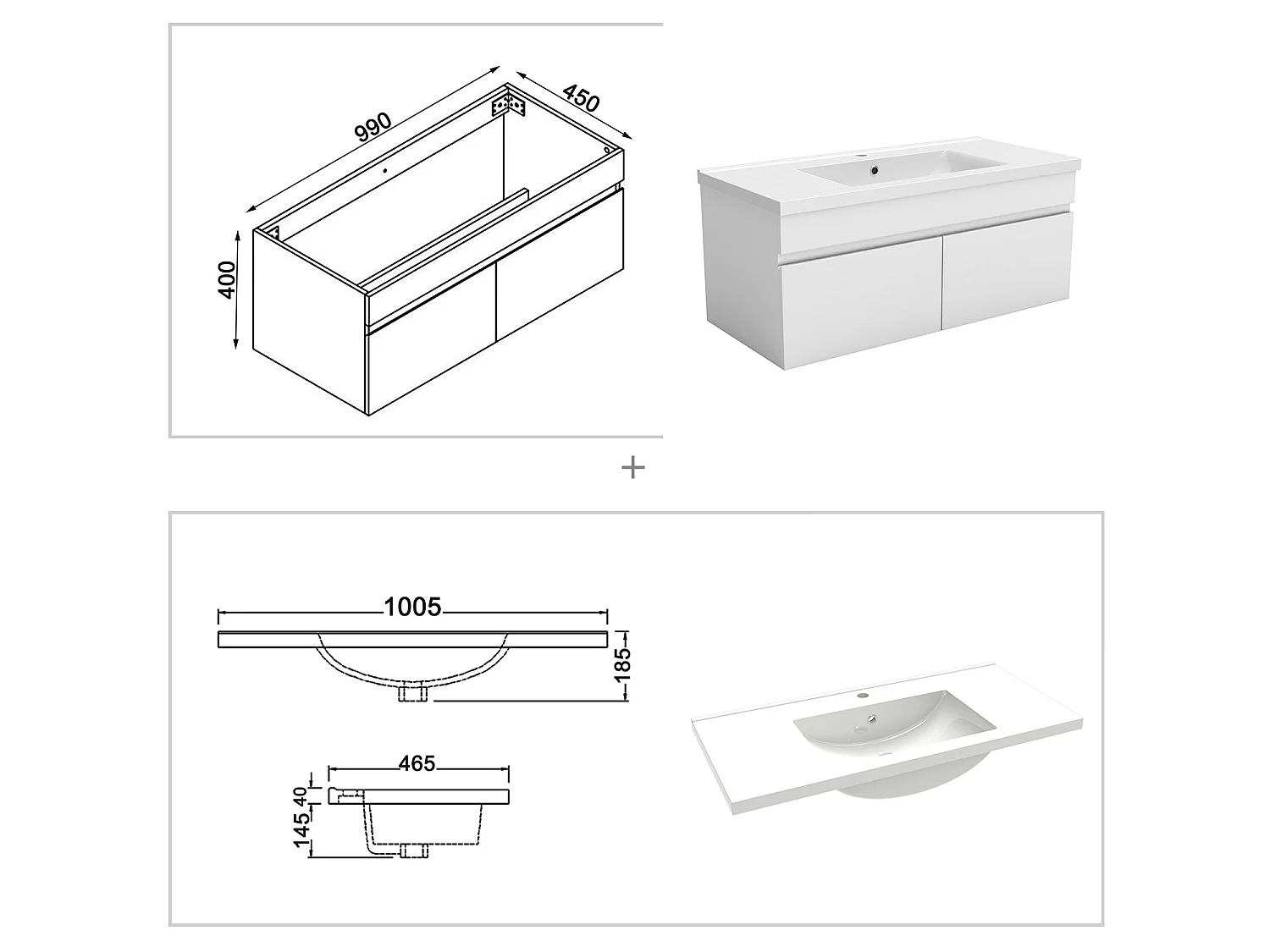 Ensemble muebles Salle De Bain 100cm vasque + colonnex2 + miroir LED Blanc - Aica