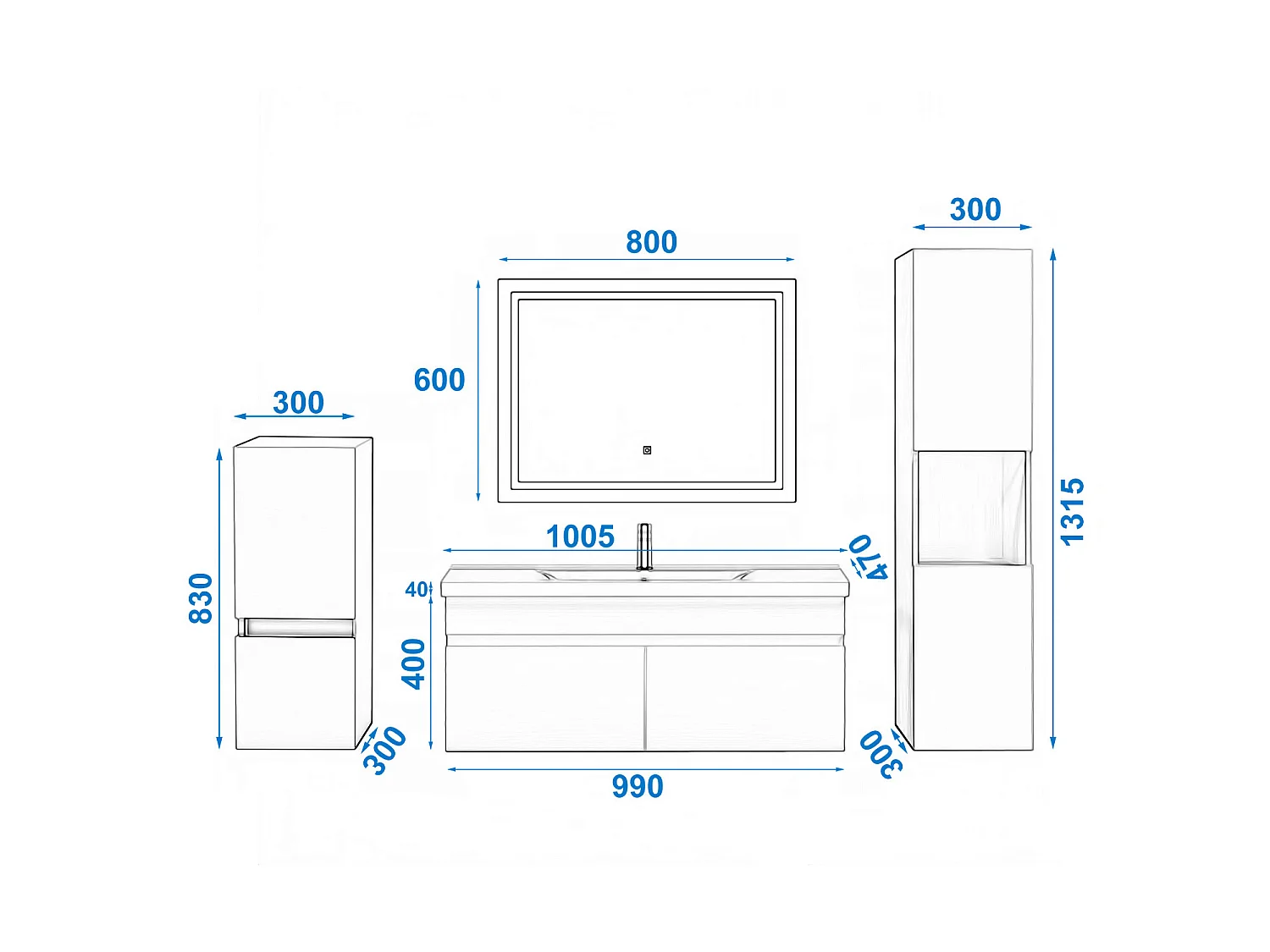 Ensemble muebles Salle De Bain 100cm vasque + colonnex2 + miroir LED Blanc - Aica
