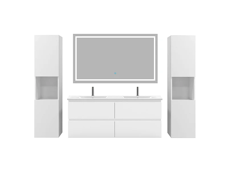 Ensemble muebles Salle De Bain 120cm 4 tiroirs double vasque + colonne + miroir LED Blanc 5pcs - Aica