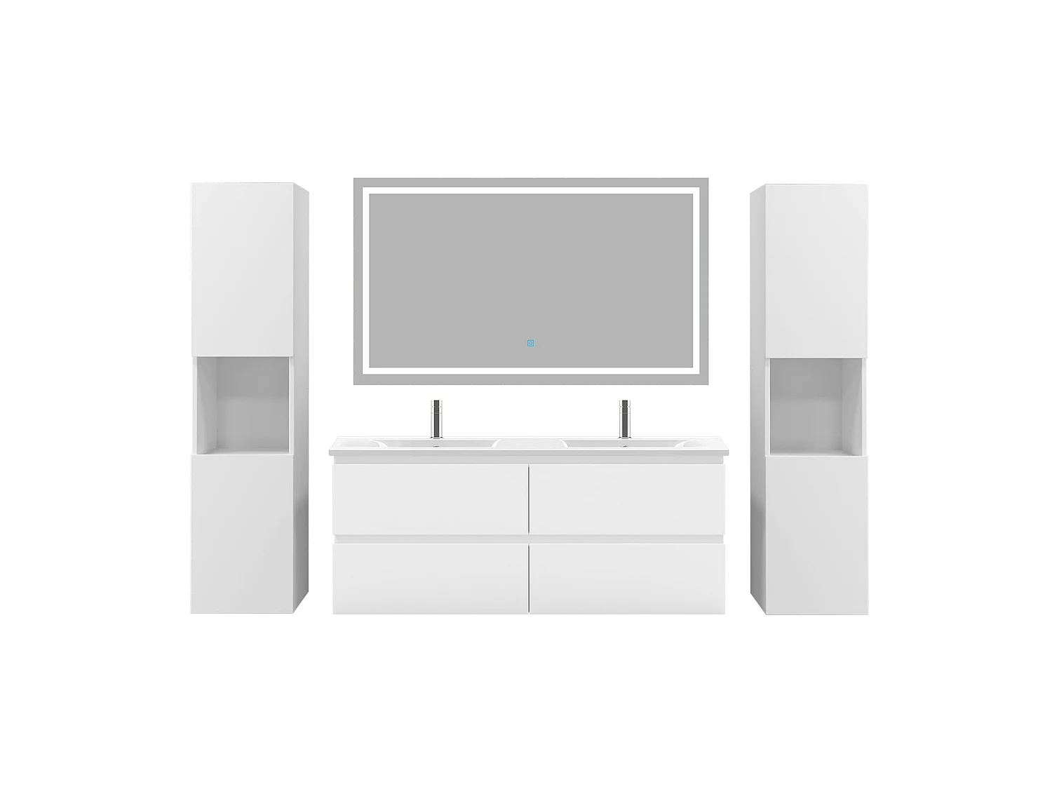 Ensemble muebles Salle De Bain 120cm 4 tiroirs double vasque + colonne + miroir LED Blanc 5pcs - Aica