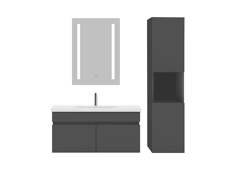 Ensemble muebles Salle De Bain 80cm simple vasque + colonne + miroir Anthracite - Aica