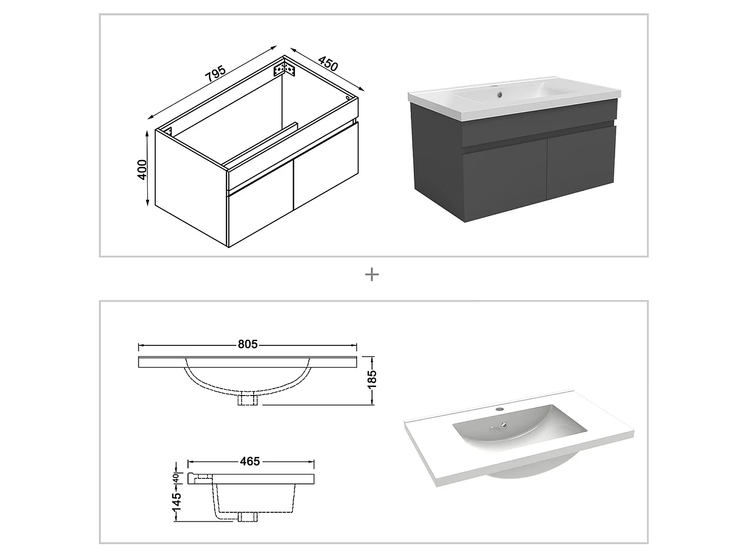 Ensemble muebles Salle De Bain 80cm simple vasque + colonne + miroir Anthracite - Aica