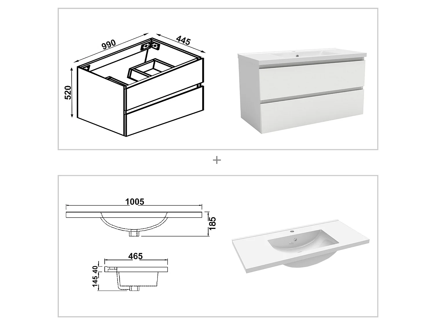 Ensemble muebles Salle De Bain 100cm Blanc meuble avec colonne vasque ceramique - Aica