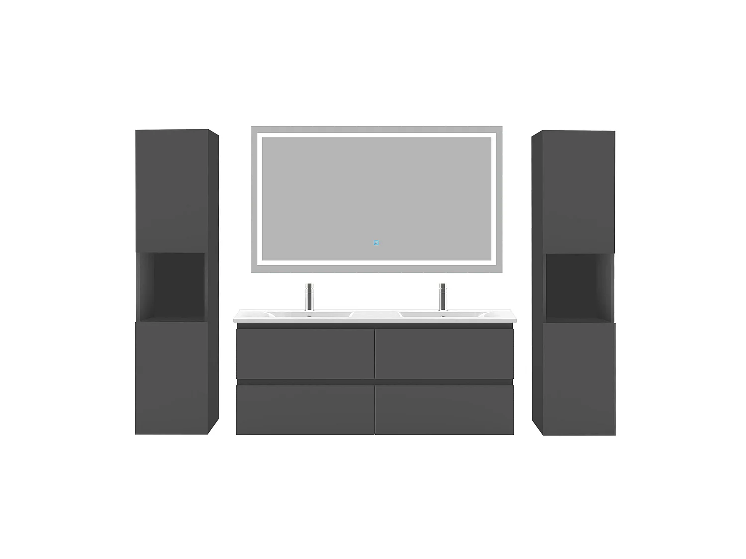 Ensemble muebles Salle De Bain 120cm 4 tiroirs double vasque + colonne + miroir LED Anthracite 5pcs - Aica
