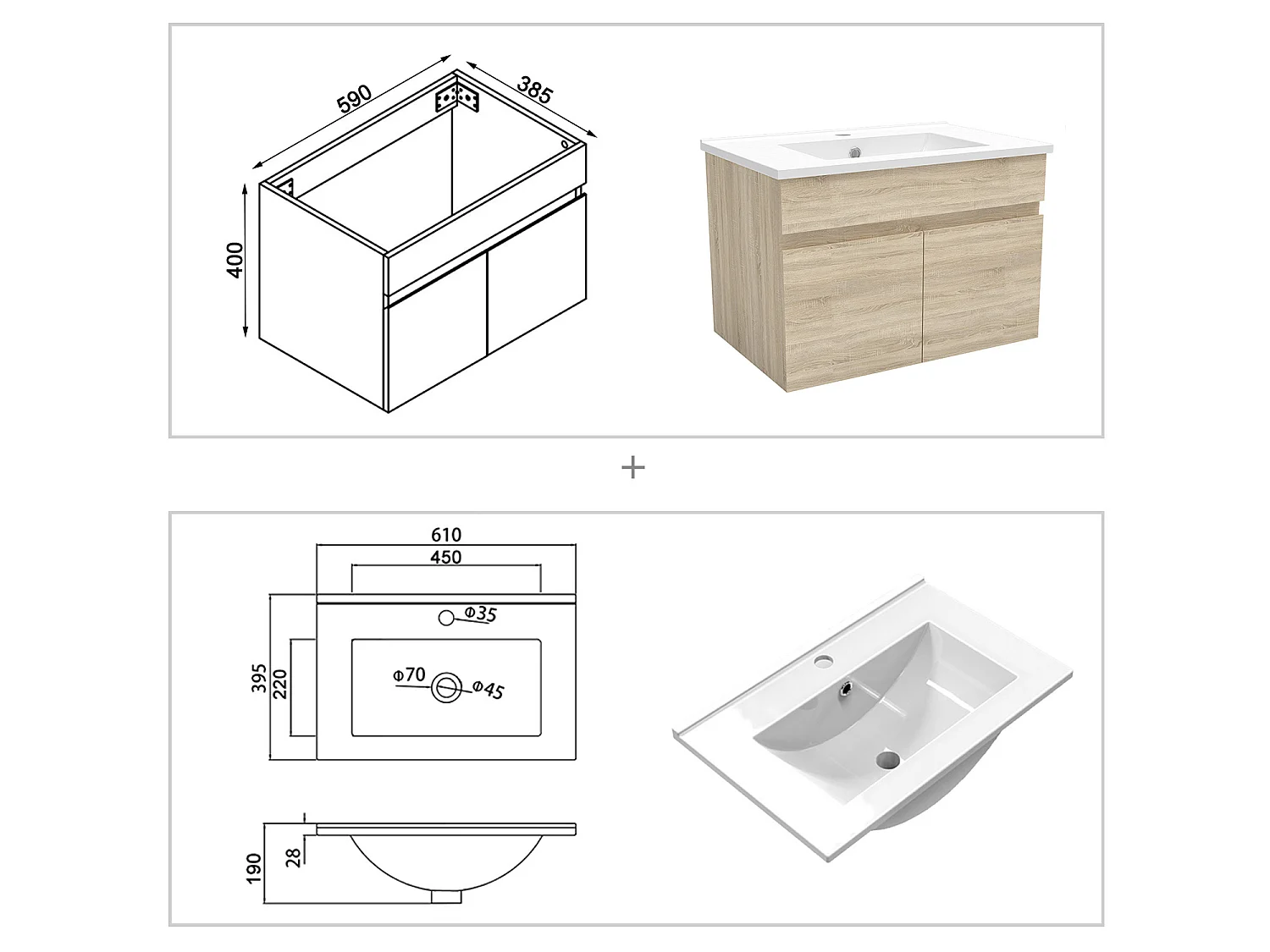 Ensemble muebles salle de bain 60cm simple vasque Chêne Wotan meuble acve miroir - Aica