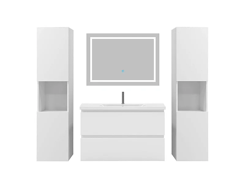 Ensemble muebles Salle De Bain 80cm 2 tiroirs simple vasque + colonne + miroir LED Blanc 5pcs - Aica