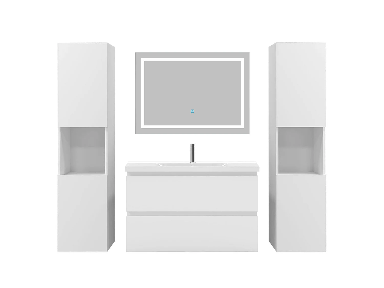 Ensemble muebles Salle De Bain 80cm 2 tiroirs simple vasque + colonne + miroir LED Blanc 5pcs - Aica