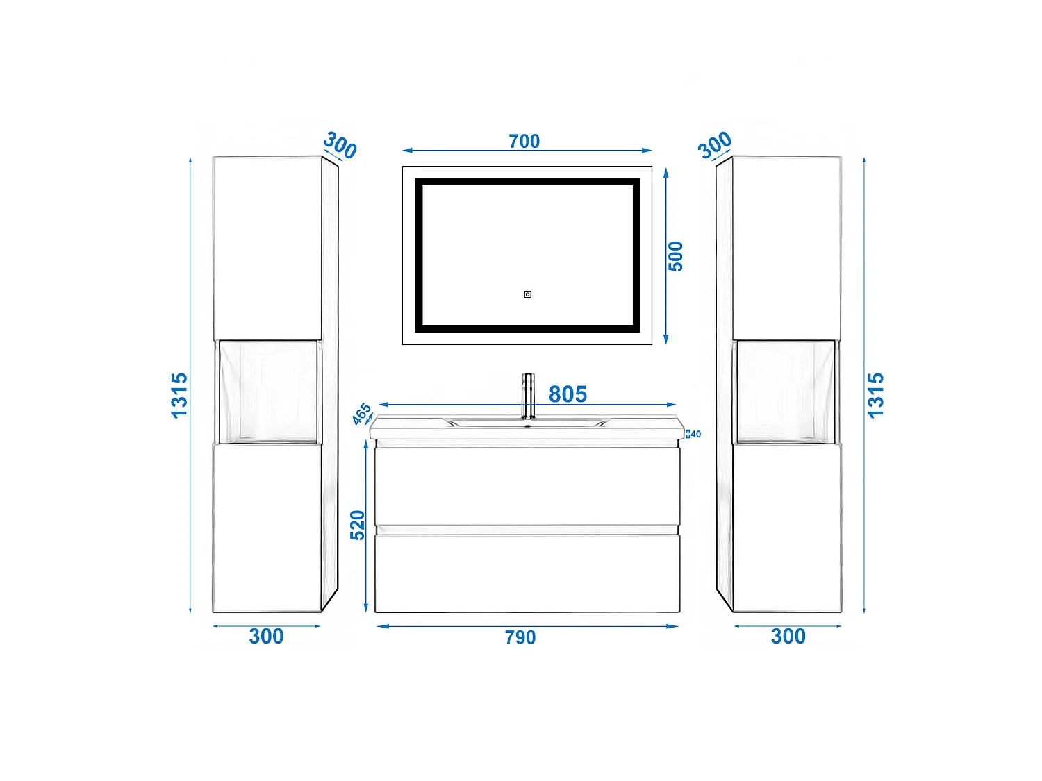 Ensemble muebles Salle De Bain 80cm 2 tiroirs simple vasque + colonne + miroir LED Blanc 5pcs - Aica