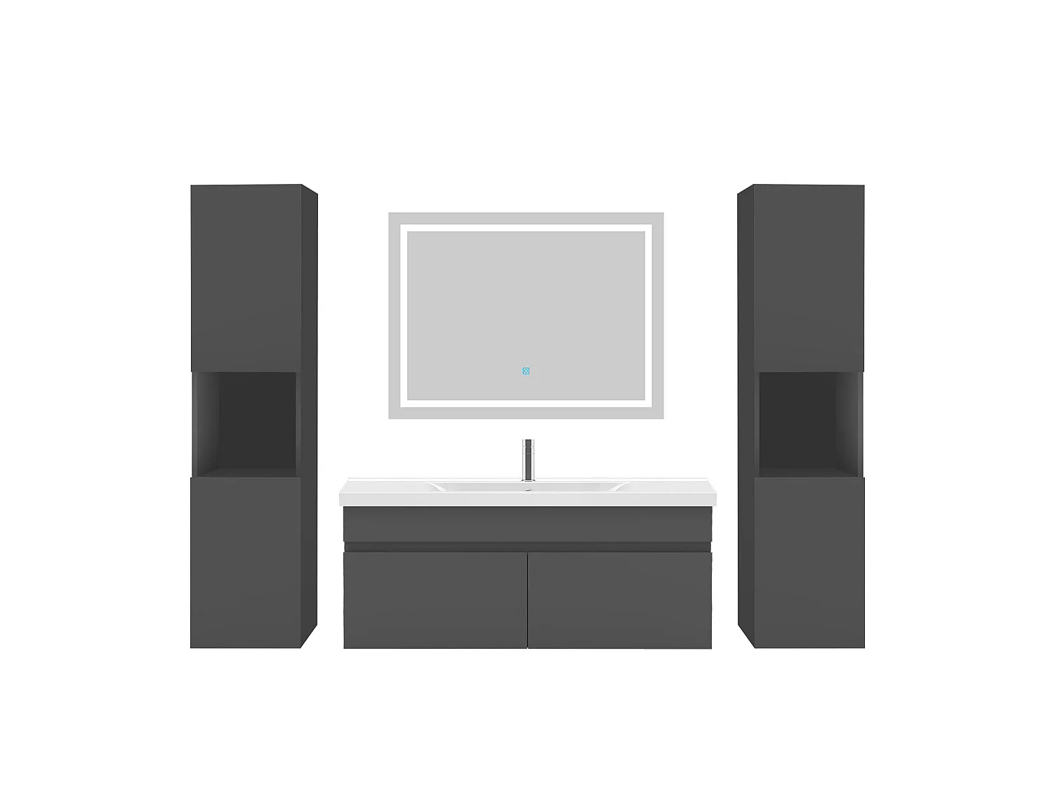 Ensemble muebles Salle De Bain 100cm simple vasque + colonne + miroir LED Anthracite 5pcs - Aica