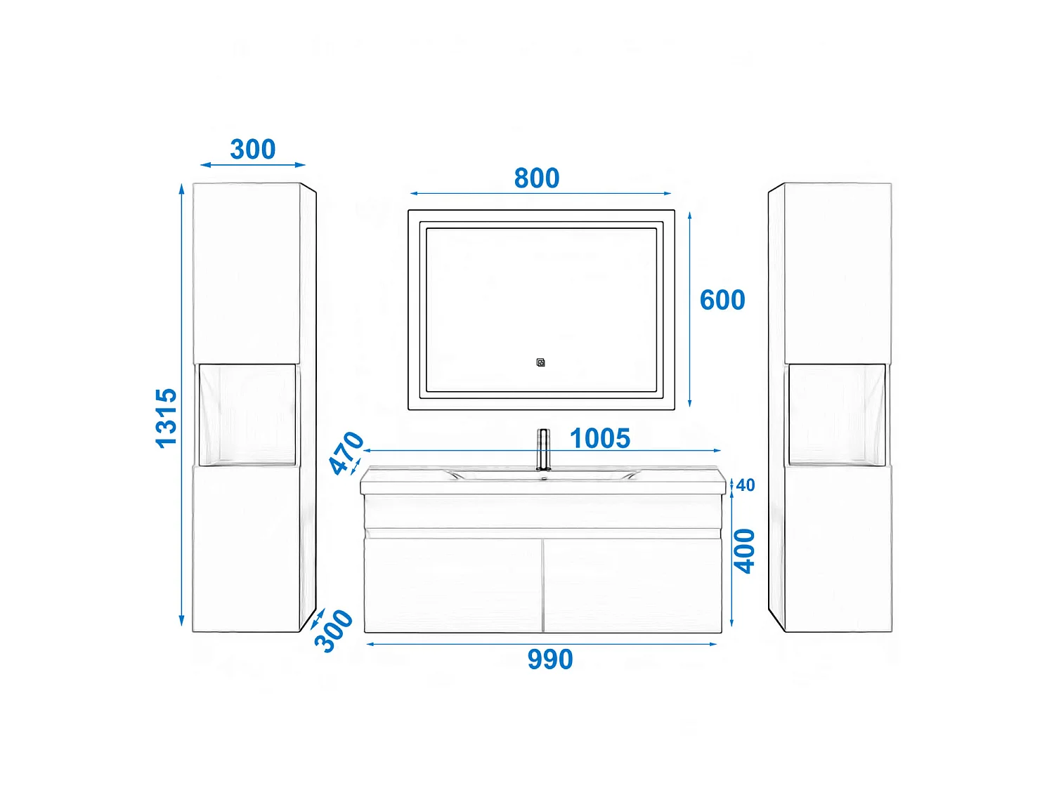 Ensemble muebles Salle De Bain 100cm simple vasque + colonne + miroir LED Anthracite 5pcs - Aica