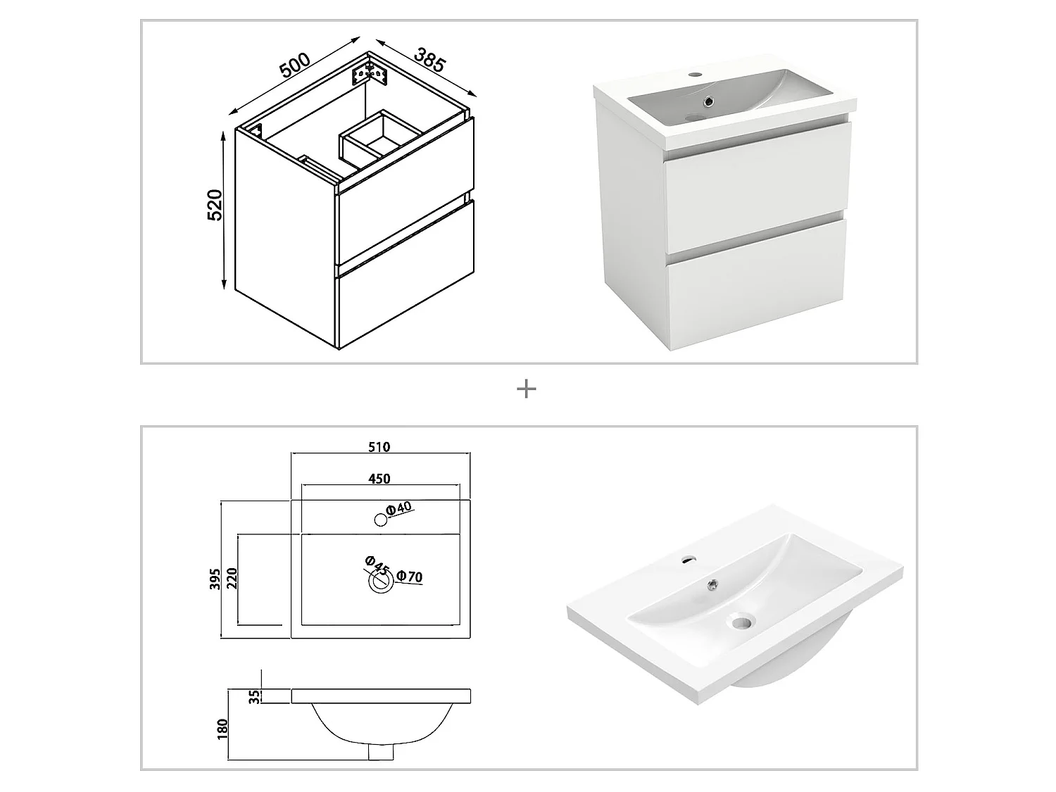 Ensemble muebles Salle De Bain 50cm Blanc meuble avec colonne vasque ceramique - Aica