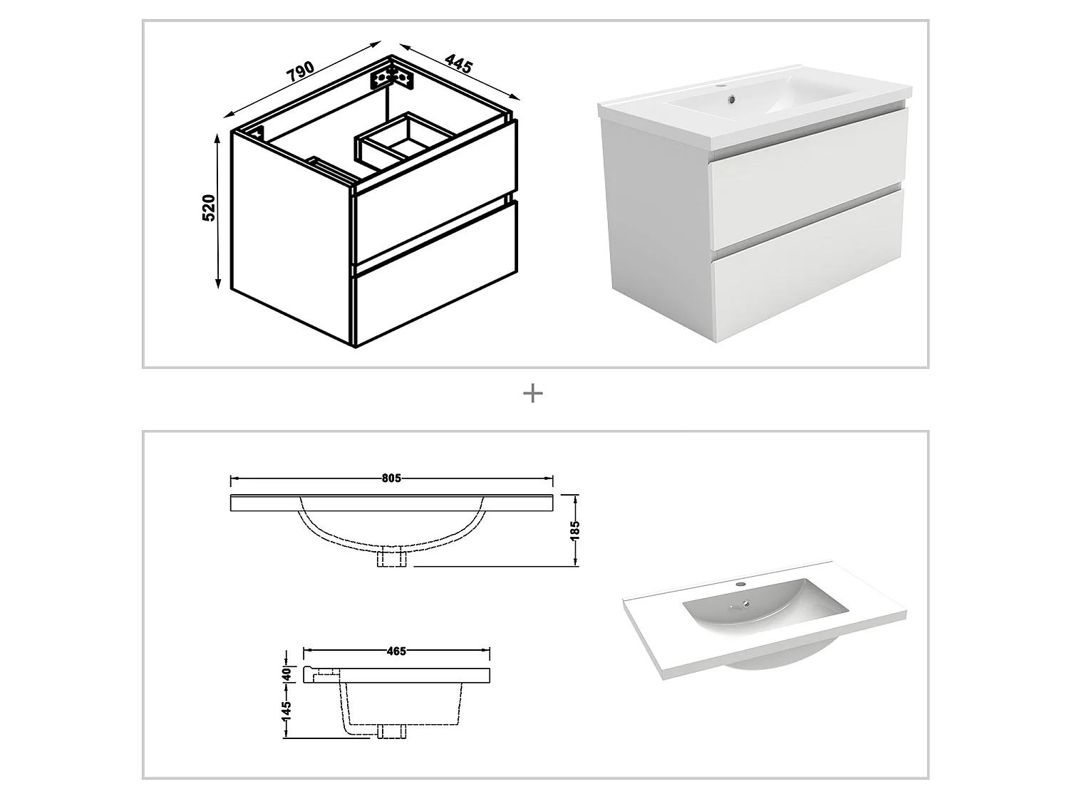 Ensemble muebles Salle De Bain 80cm vasque + colonnex2 + miroir LED Blanc 5pcs - Aica