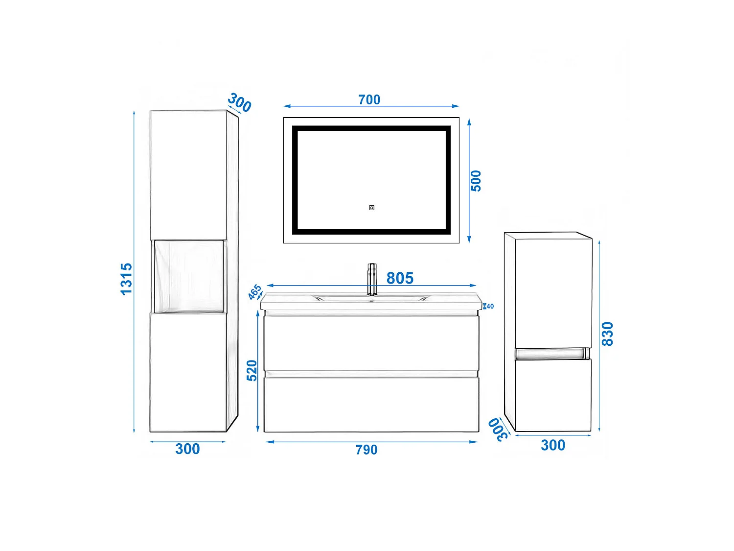 Ensemble muebles Salle De Bain 80cm vasque + colonnex2 + miroir LED Blanc 5pcs - Aica