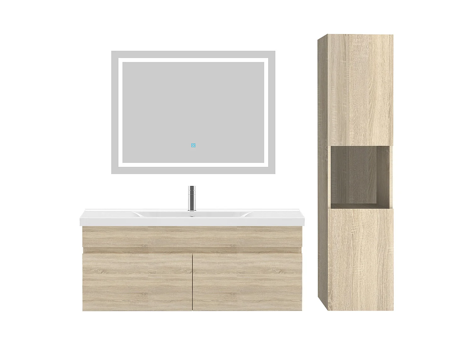 Ensemble muebles Salle De Bain 100cm simple vasque + colonne + miroir Chêne Wotan - Aica