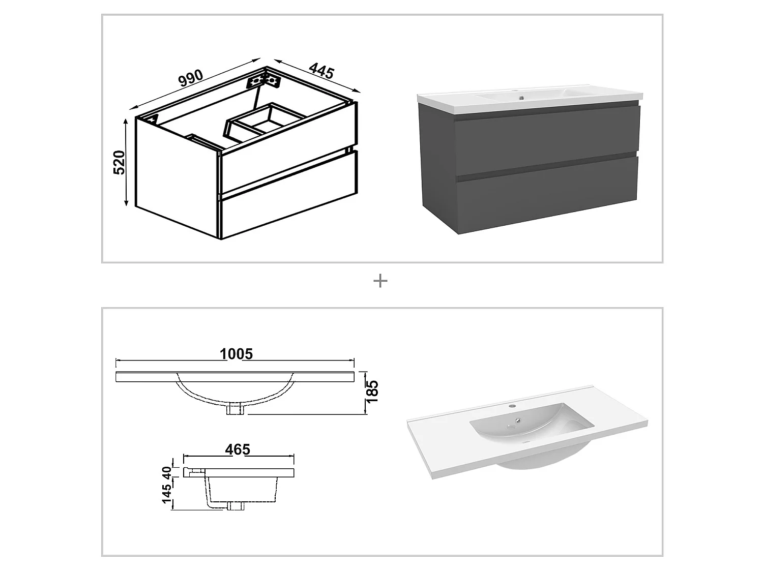 Ensemble muebles Salle De Bain 100cm Anthracite meuble avec colonne vasque ceramique - Aica